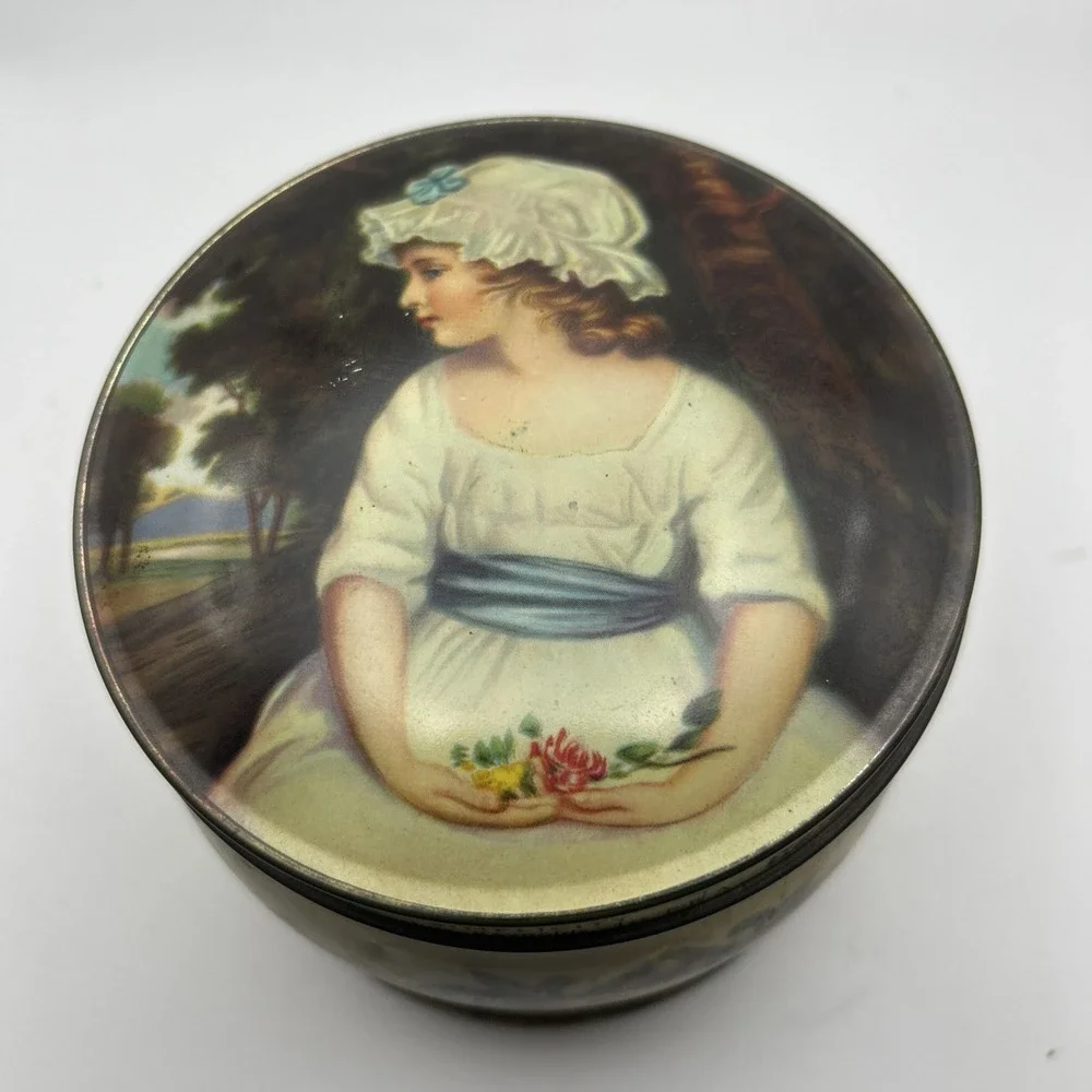 Vintage Thornes Confectionery Tin‎ England Young Girl White Dress Blue Bow 3